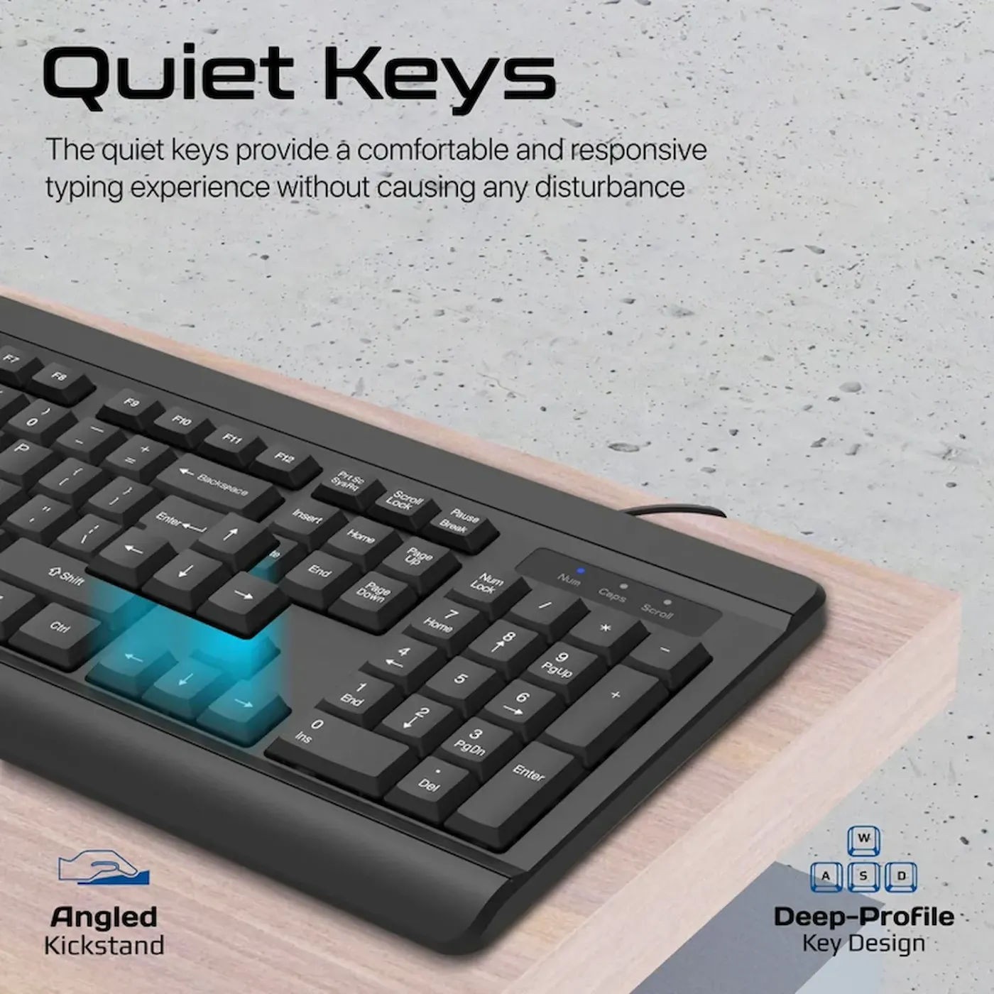 Promate ergonomic wired keyboard showing the integrated palm rest along the front edge