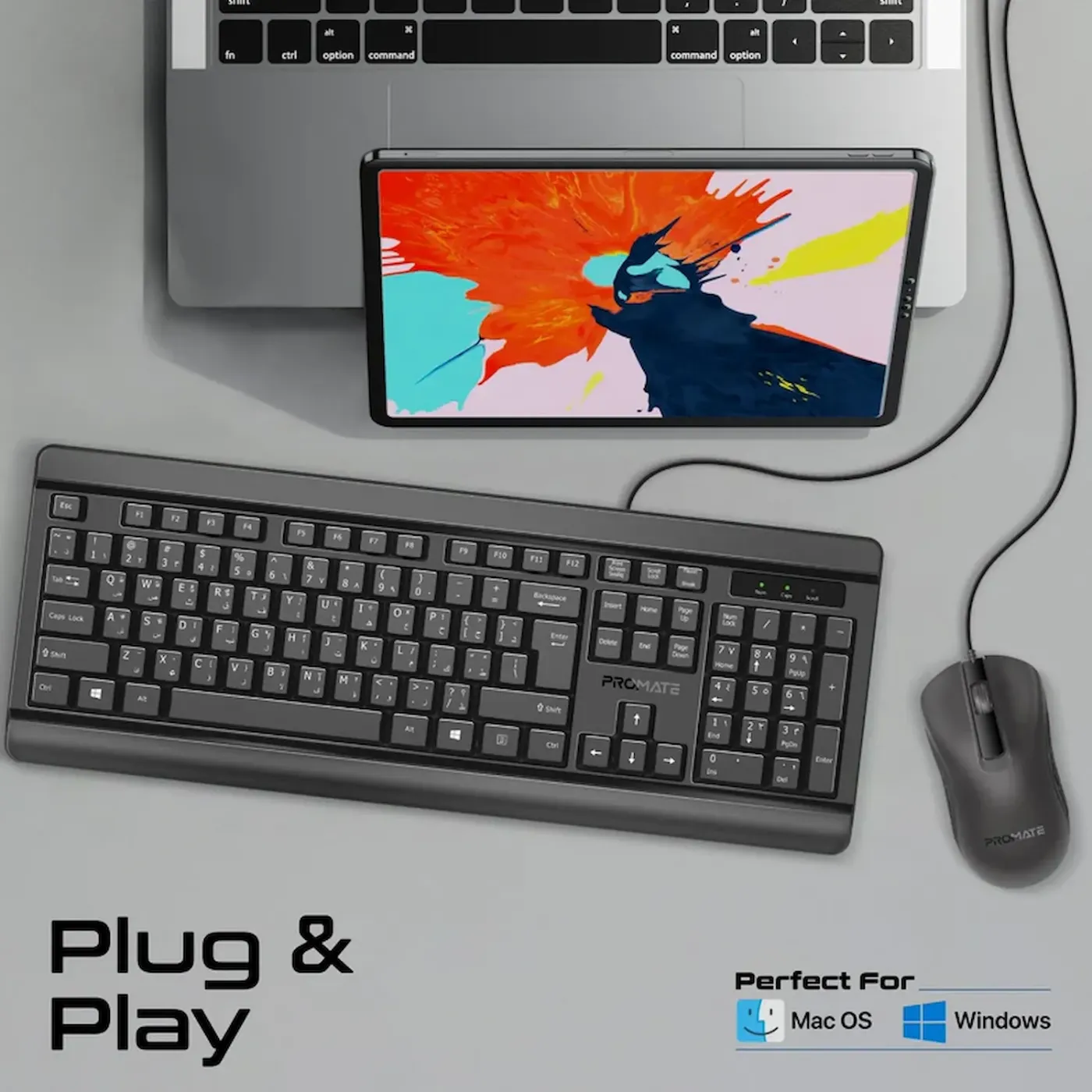 Promate Quiet Keys keyboard and mouse arranged on a desk ready for office work