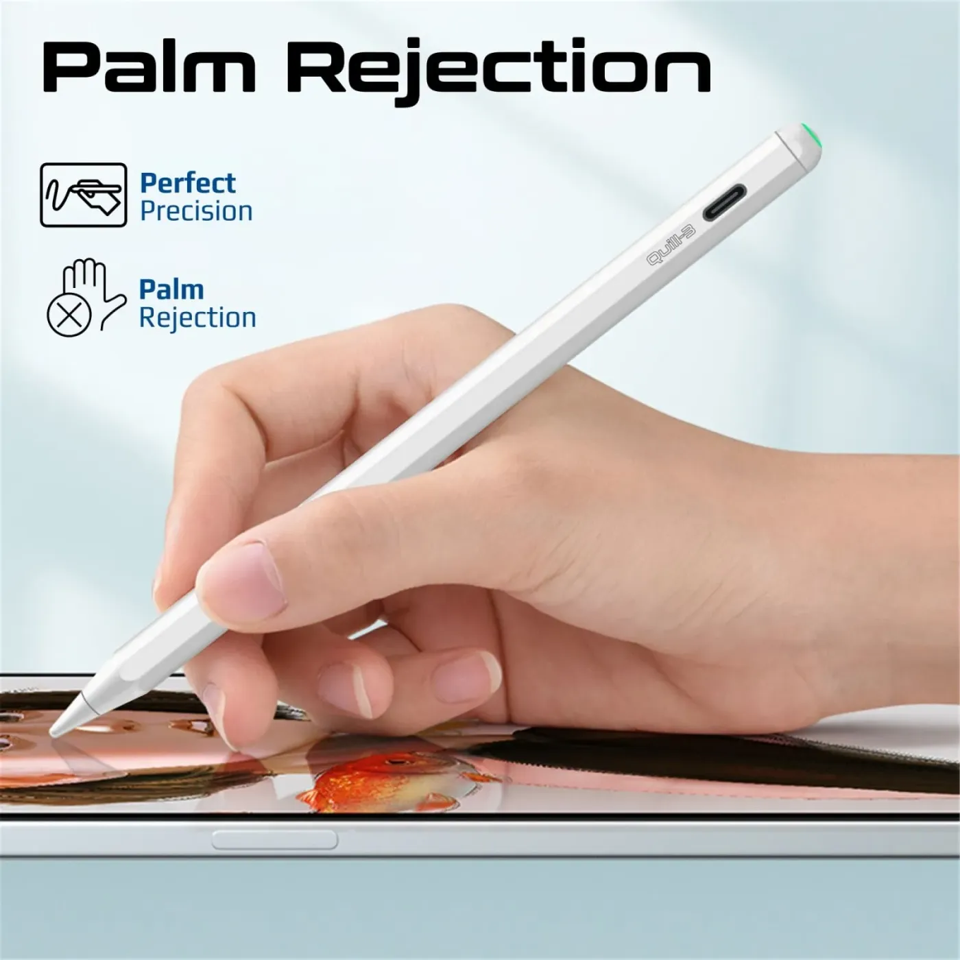 Hand resting on an iPad screen while writing with the Promate Quill-3