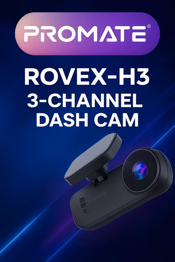 [OPEN BOX] Promate Rovex-H3 Triple Channel Dash Cam 4K UHD, GPS Speed Tracking, ADAS Alerts, Dual-Band WiFi, G-Sensor, Parking Mode, 3.16” IPS Display, Night Vision, 512GB microSD Support