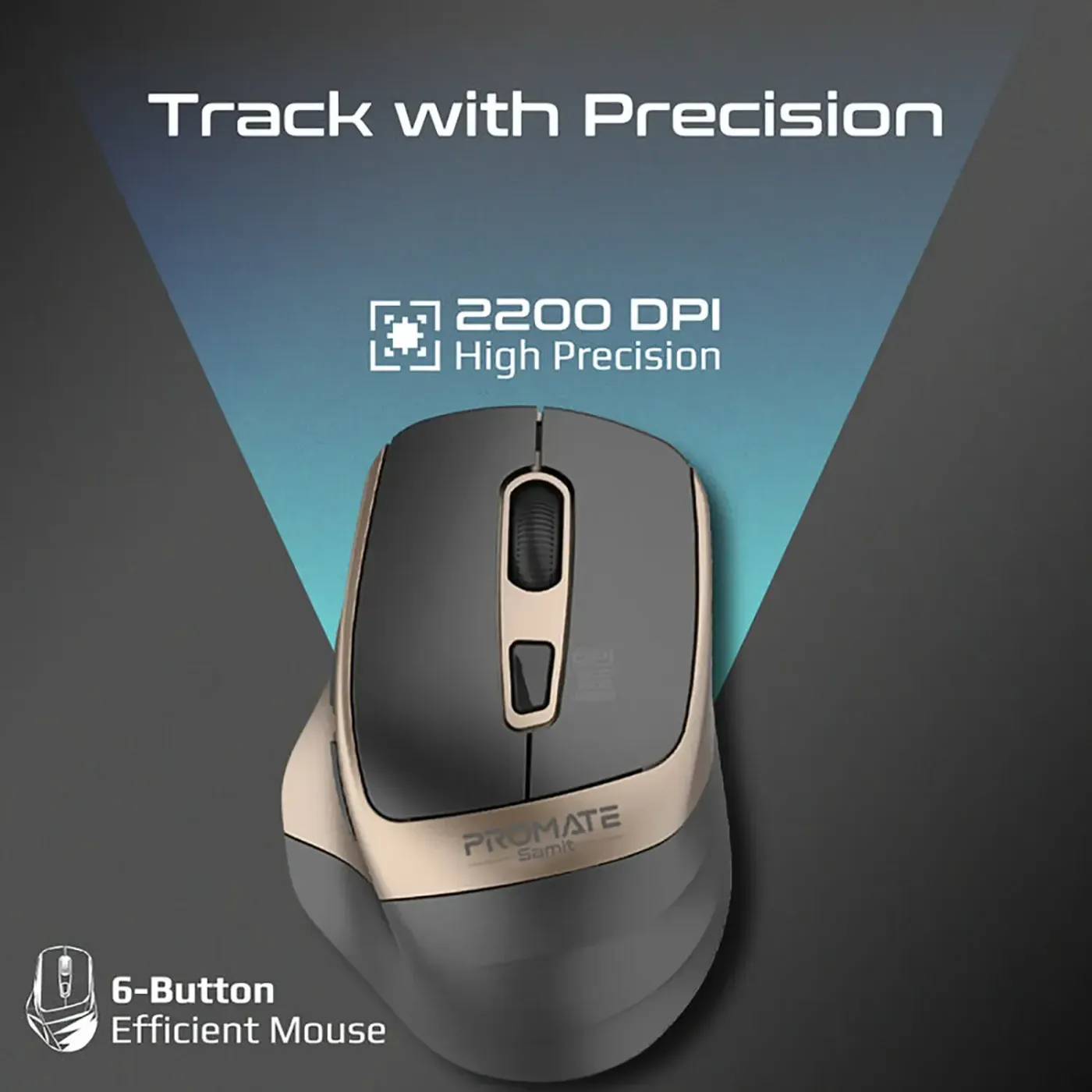 Promate Samit wireless mouse in gold shown from the top