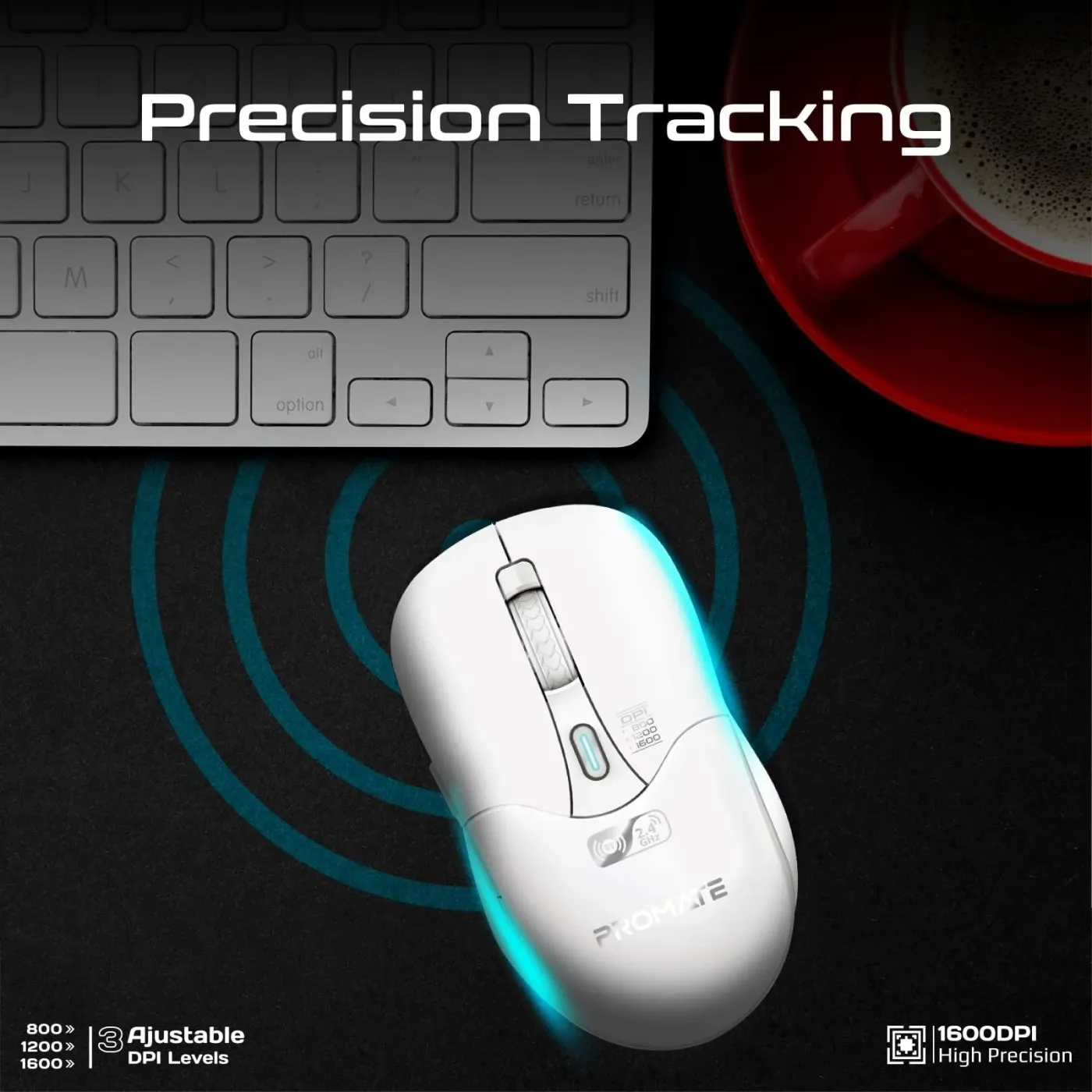 Promate Samo wireless mouse in white viewed from above