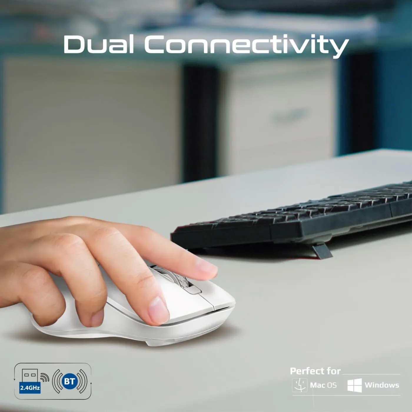 White Promate Samo mouse shown from an alternate angle beside a laptop
