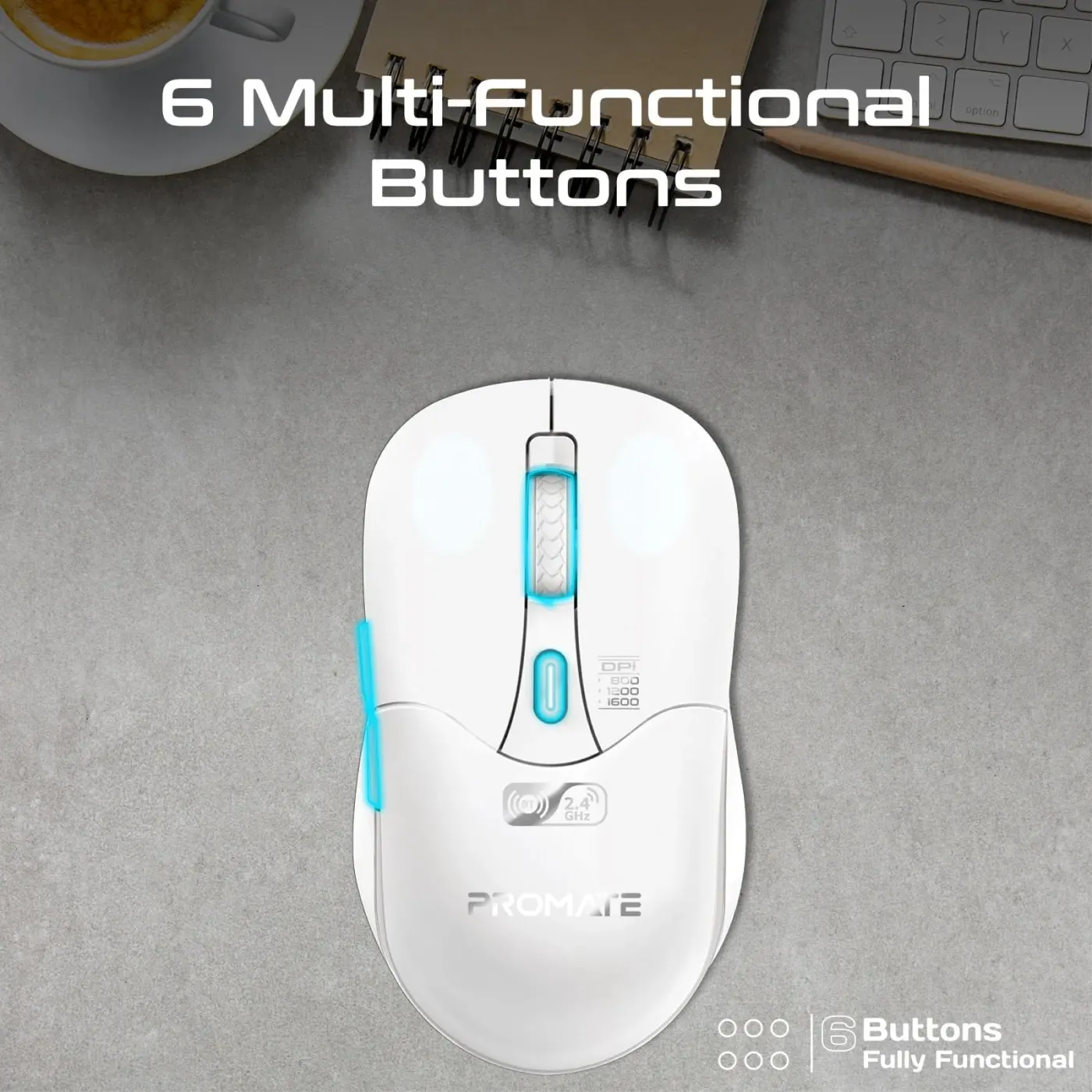 Side buttons on the white Promate Samo wireless mouse