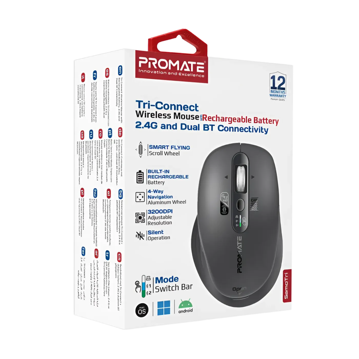 Promate SamoTri mouse shown with its wireless connection options