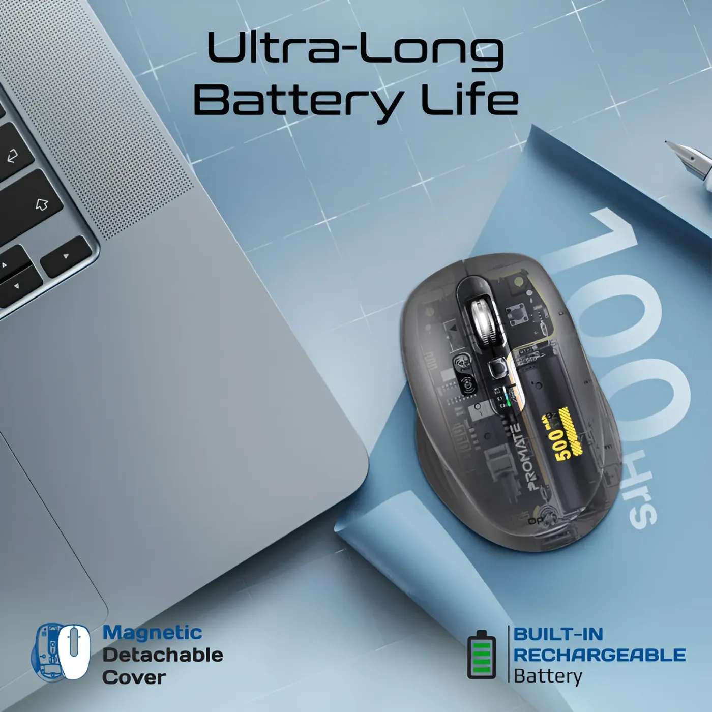 Device-switching button on the underside of the Promate SamoTri mouse