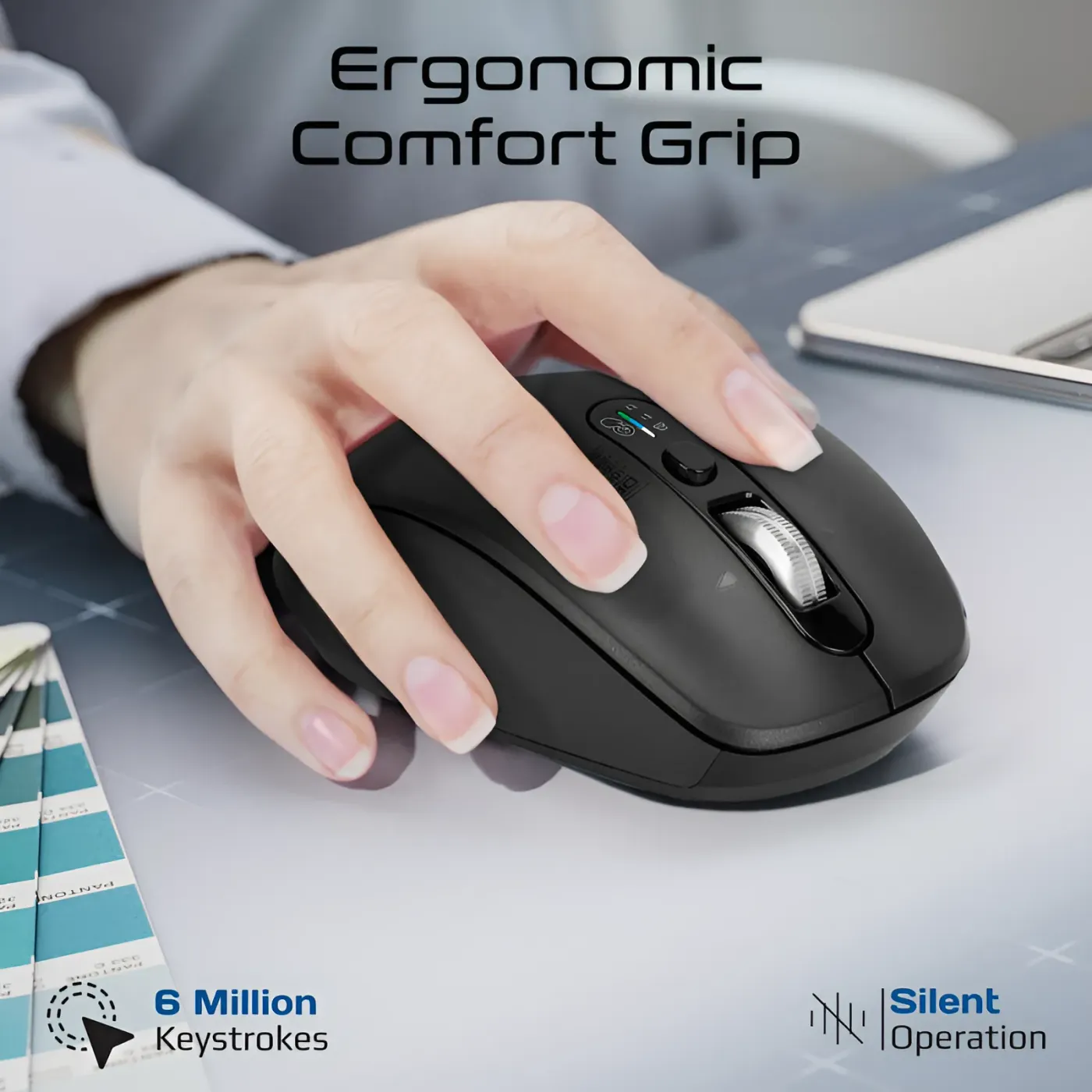 Side profile of the black Promate SamoTri ergonomic wireless mouse
