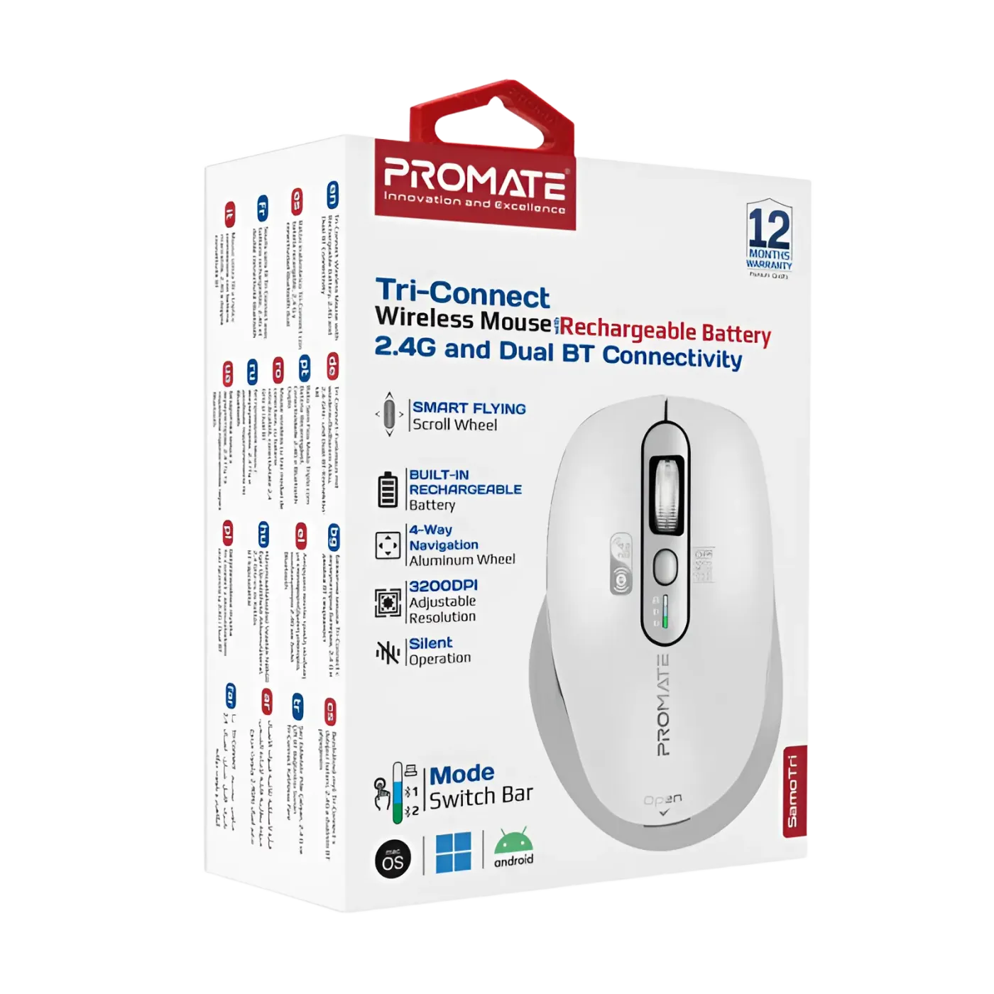 White Promate SamoTri mouse shown with its wireless connection options