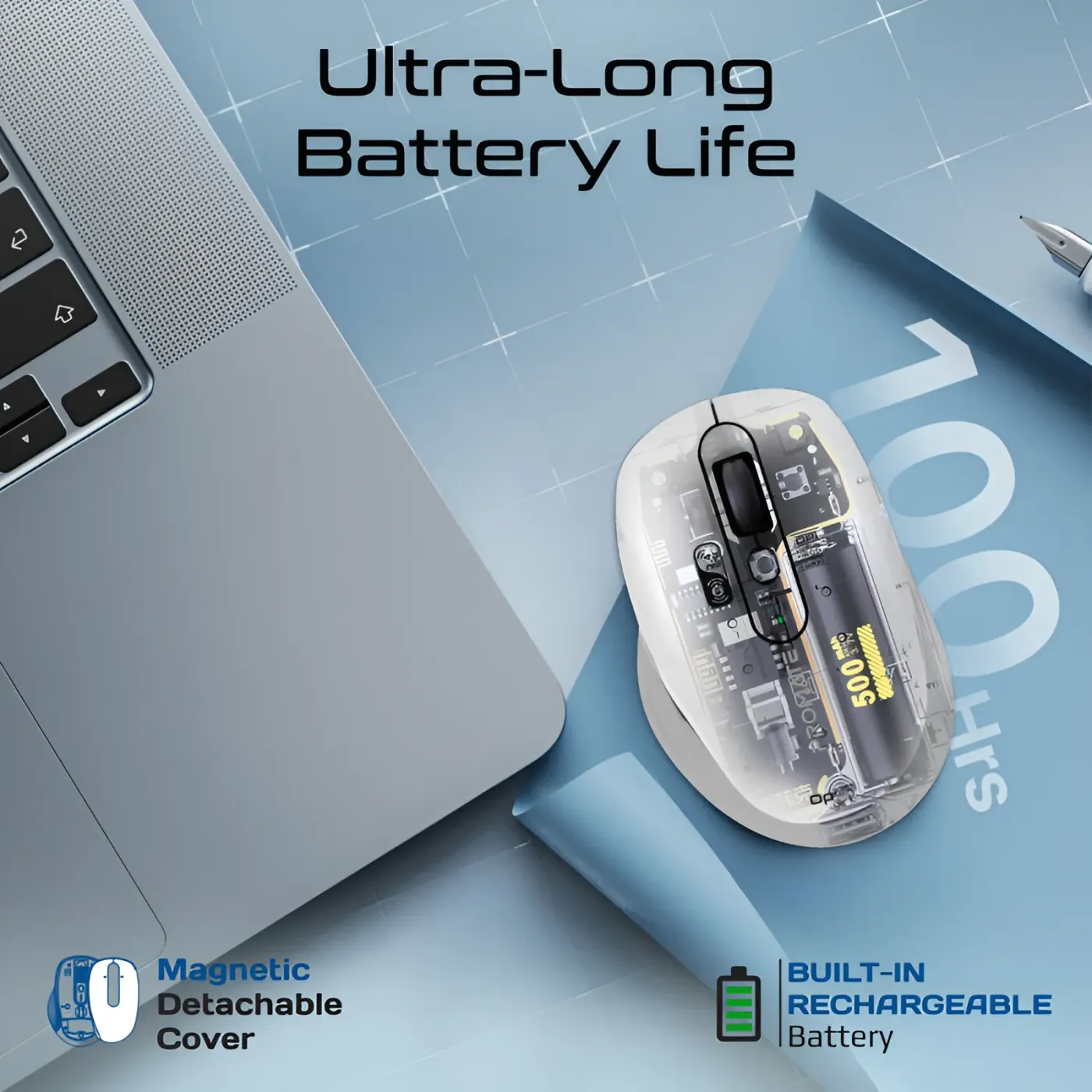 White Promate SamoTri mouse with its battery status indicator