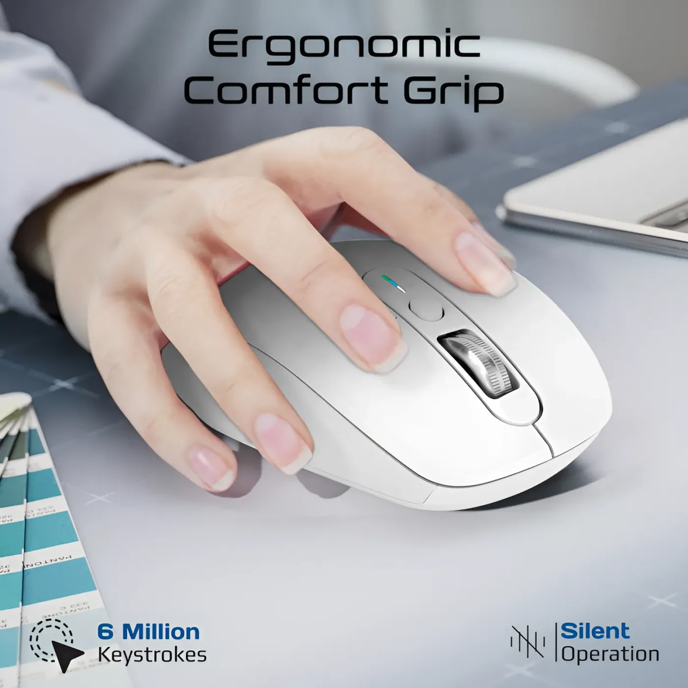 Side profile of the white Promate SamoTri ergonomic wireless mouse