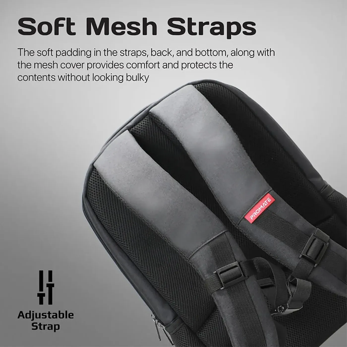 Close-up of the soft breathable mesh shoulder straps on the blue Satchel-BP backpack