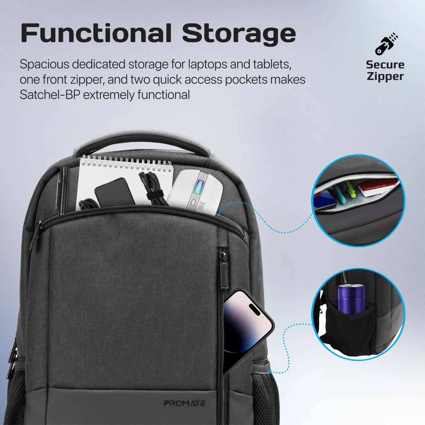Breathable mesh back panel and padded shoulder straps on the Promate Satchel-BP