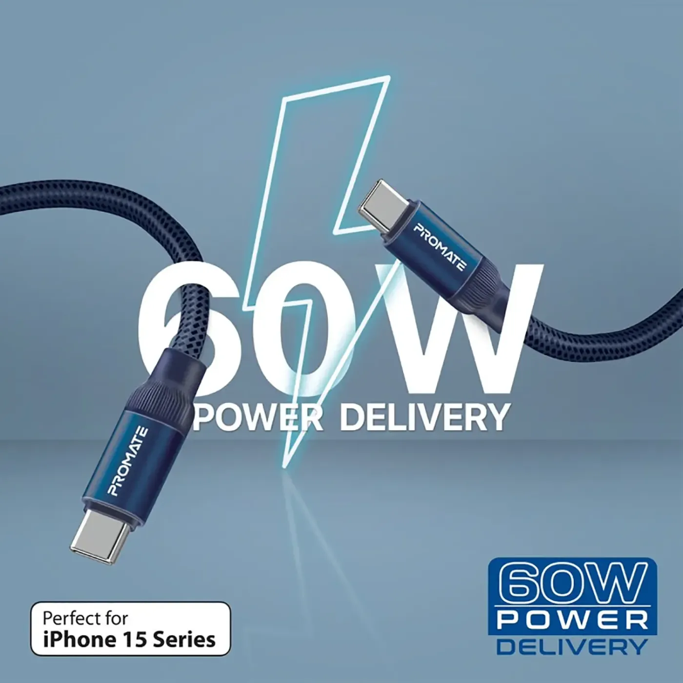 Blue Springy cable connected to a laptop USB-C port