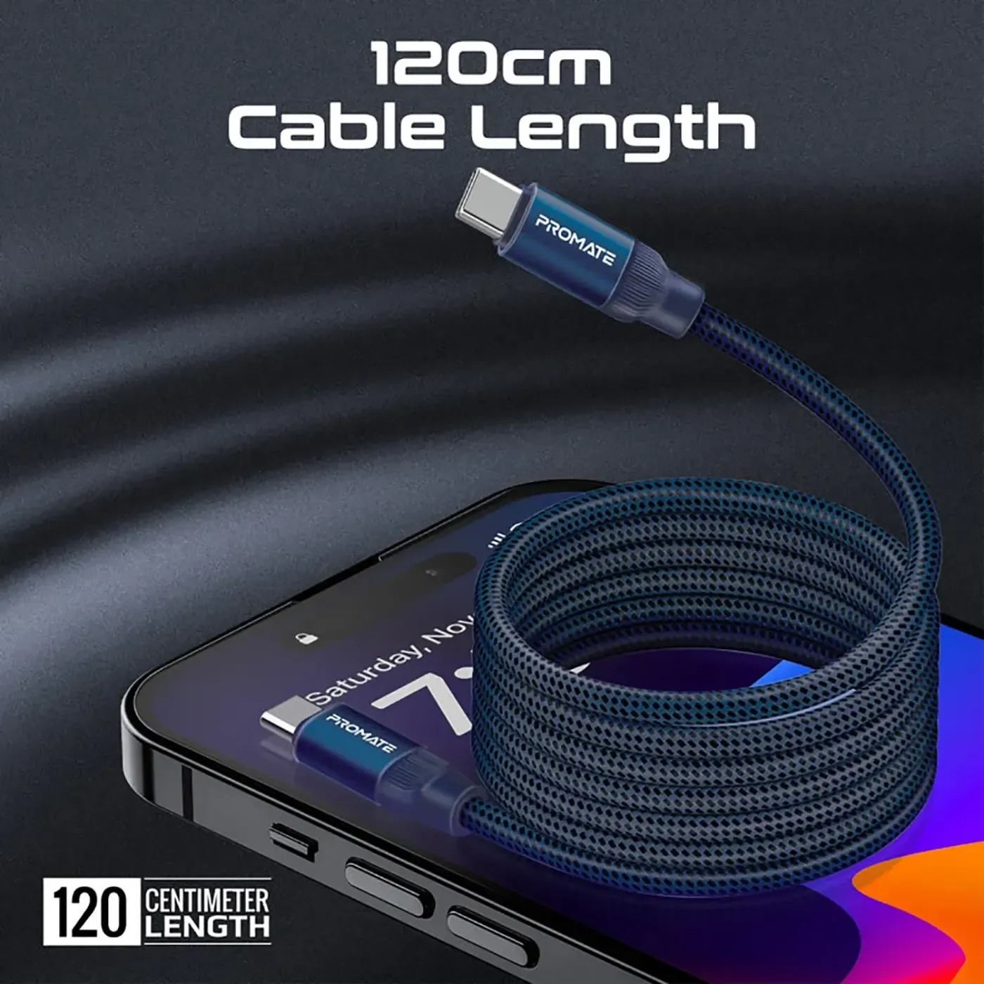 Blue Springy USB-C cable extended to show its full length