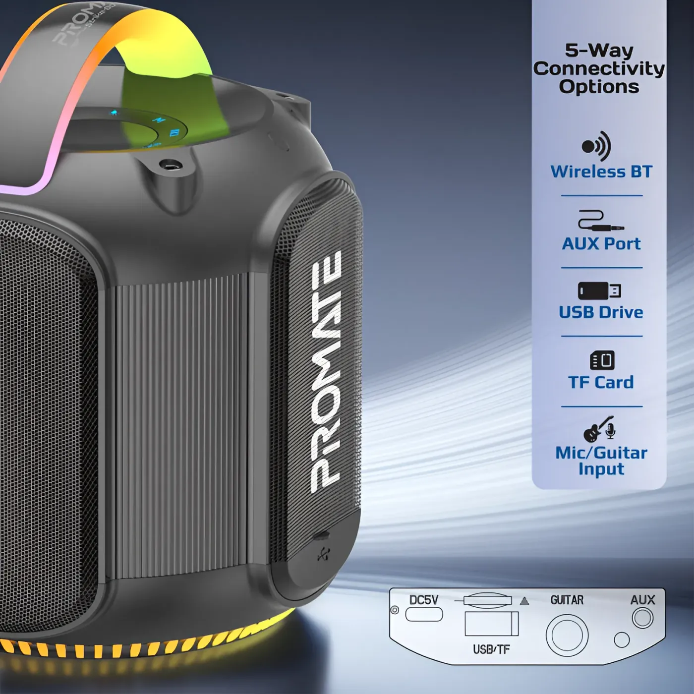 Promate STRIKE-80 80W RGB Bluetooth speaker, front view