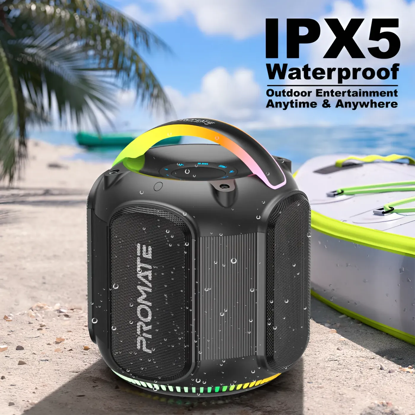 Promate STRIKE-80 lit with RGB lighting and shown with its carry handle