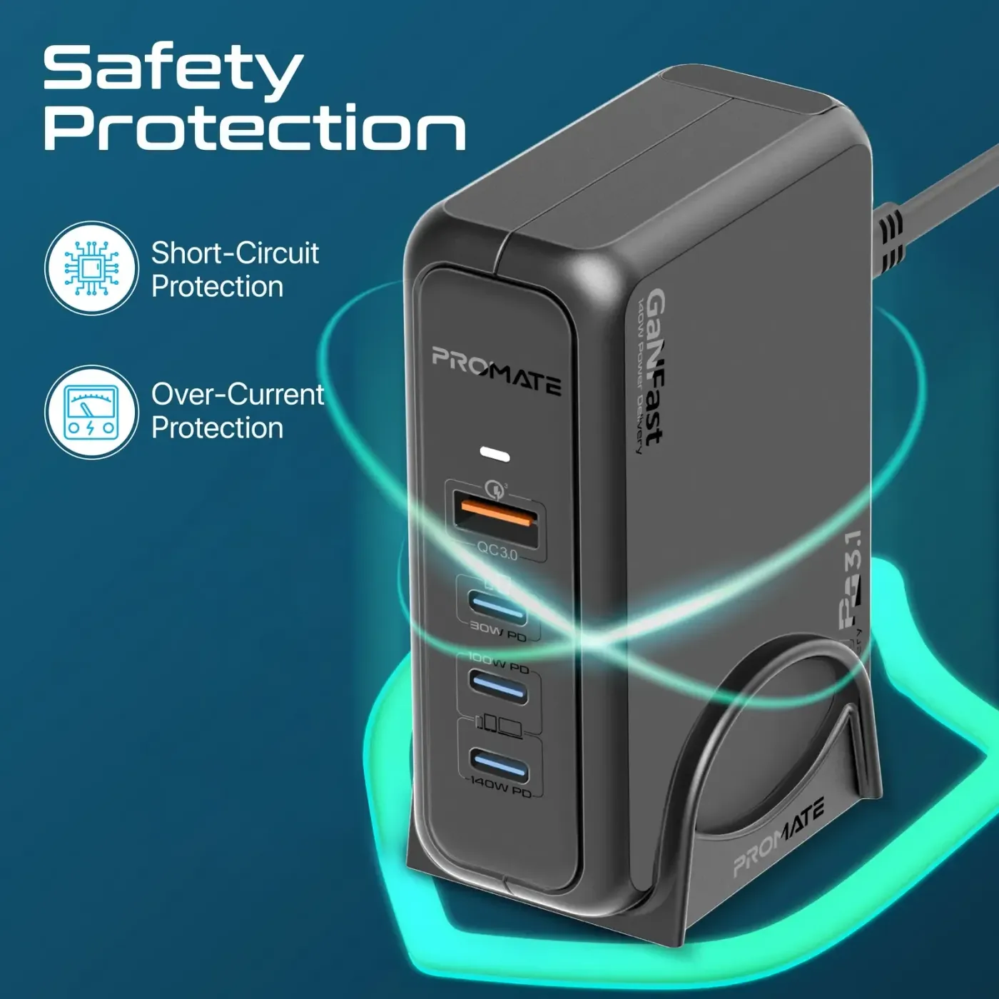 Promate GANPORT-140W super-speed charging station standing upright