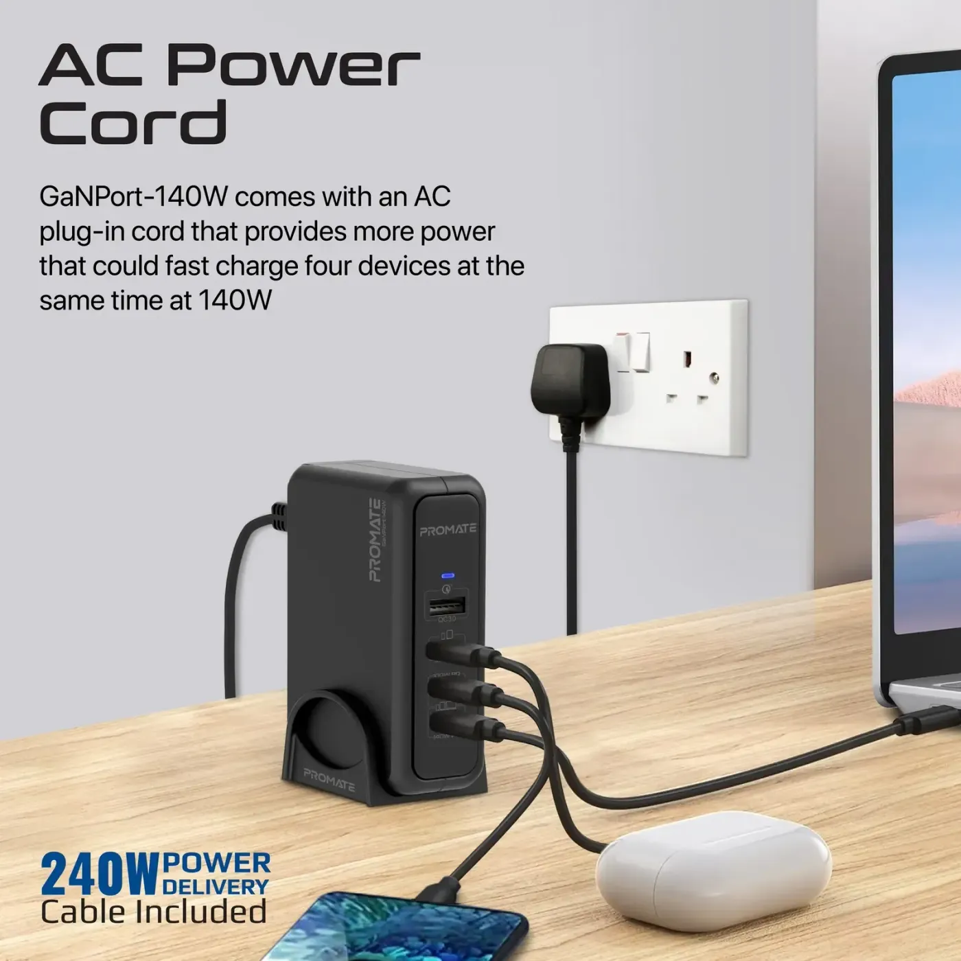 The included 1.8m 240W USB-C Power Delivery cable coiled beside the station