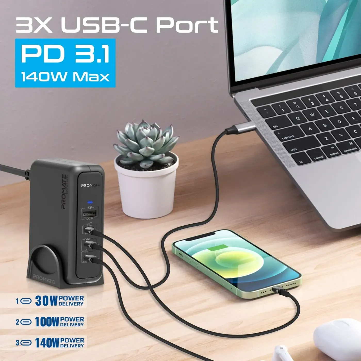 GANPORT-140W standing vertically on a desk with cables connected