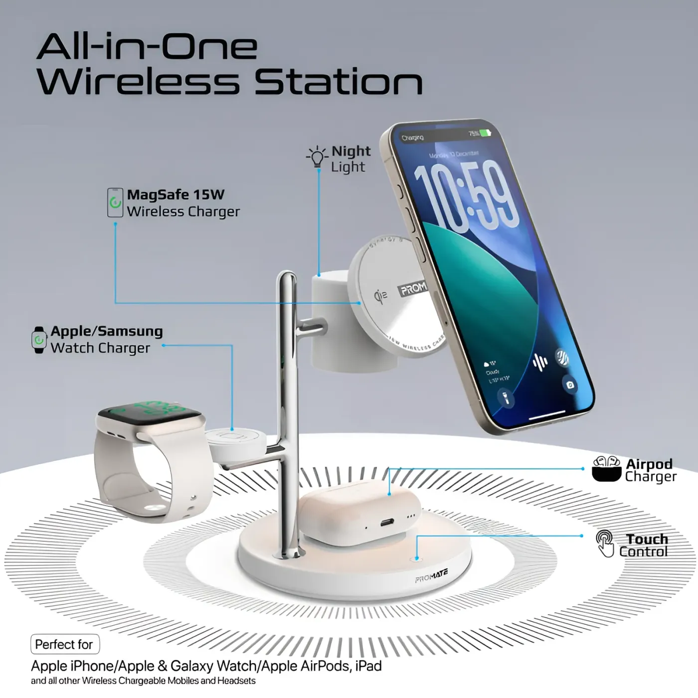 Promate Synergy-3 wireless charging station in white on a bedside table