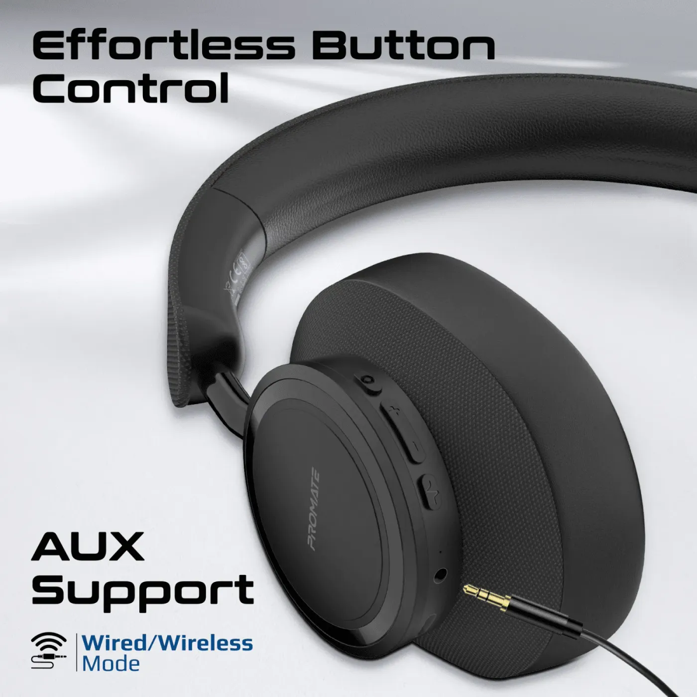 PU leather and fabric finish on the adjustable headband of the Promate Takt