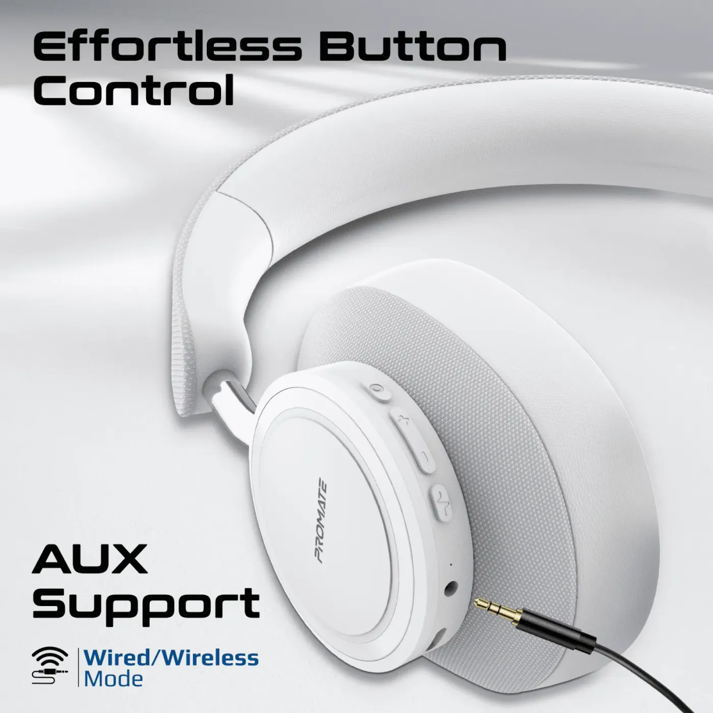 Fabric and PU leather headband on the white Promate Takt headphones