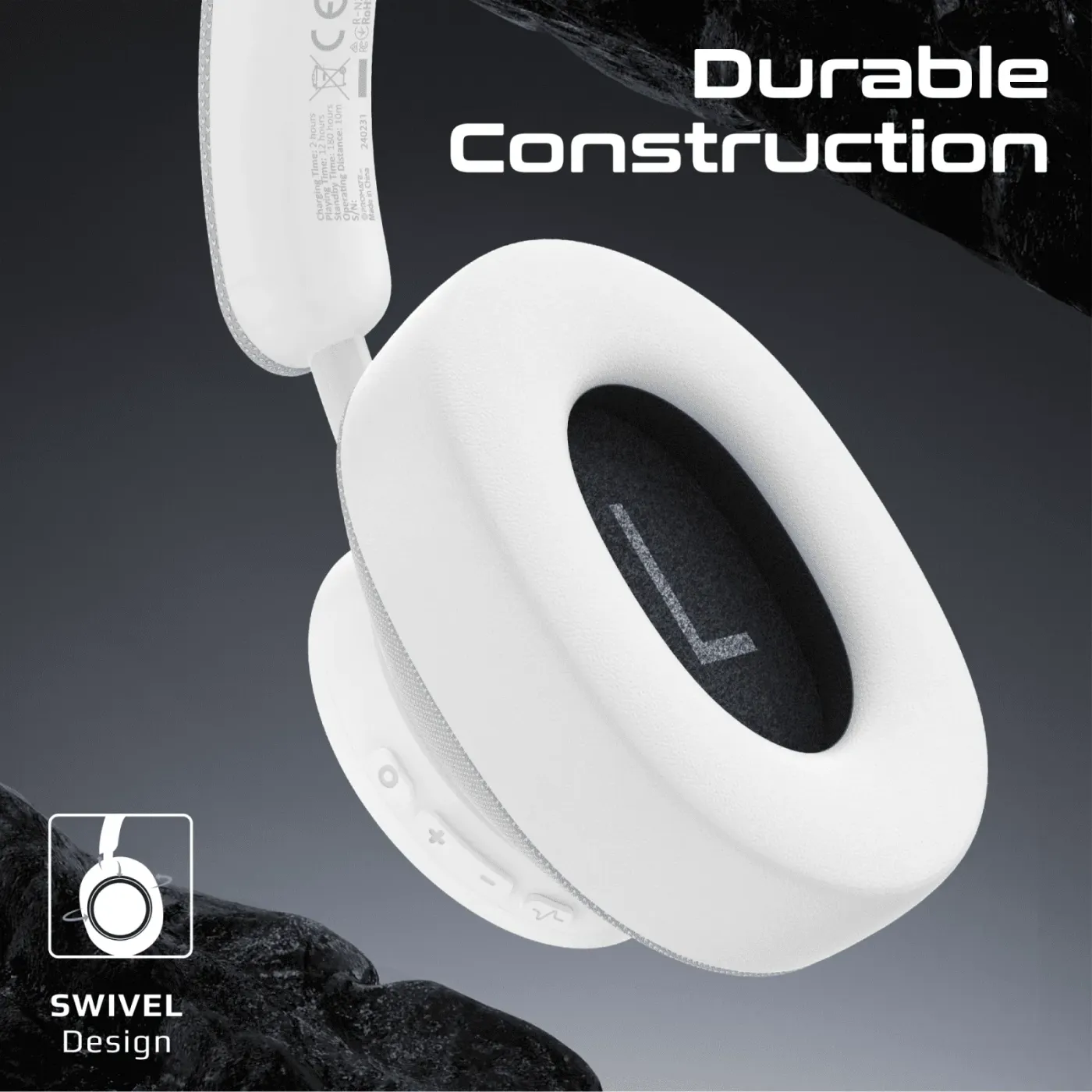 White Promate Takt headphones folded into their compact carrying form