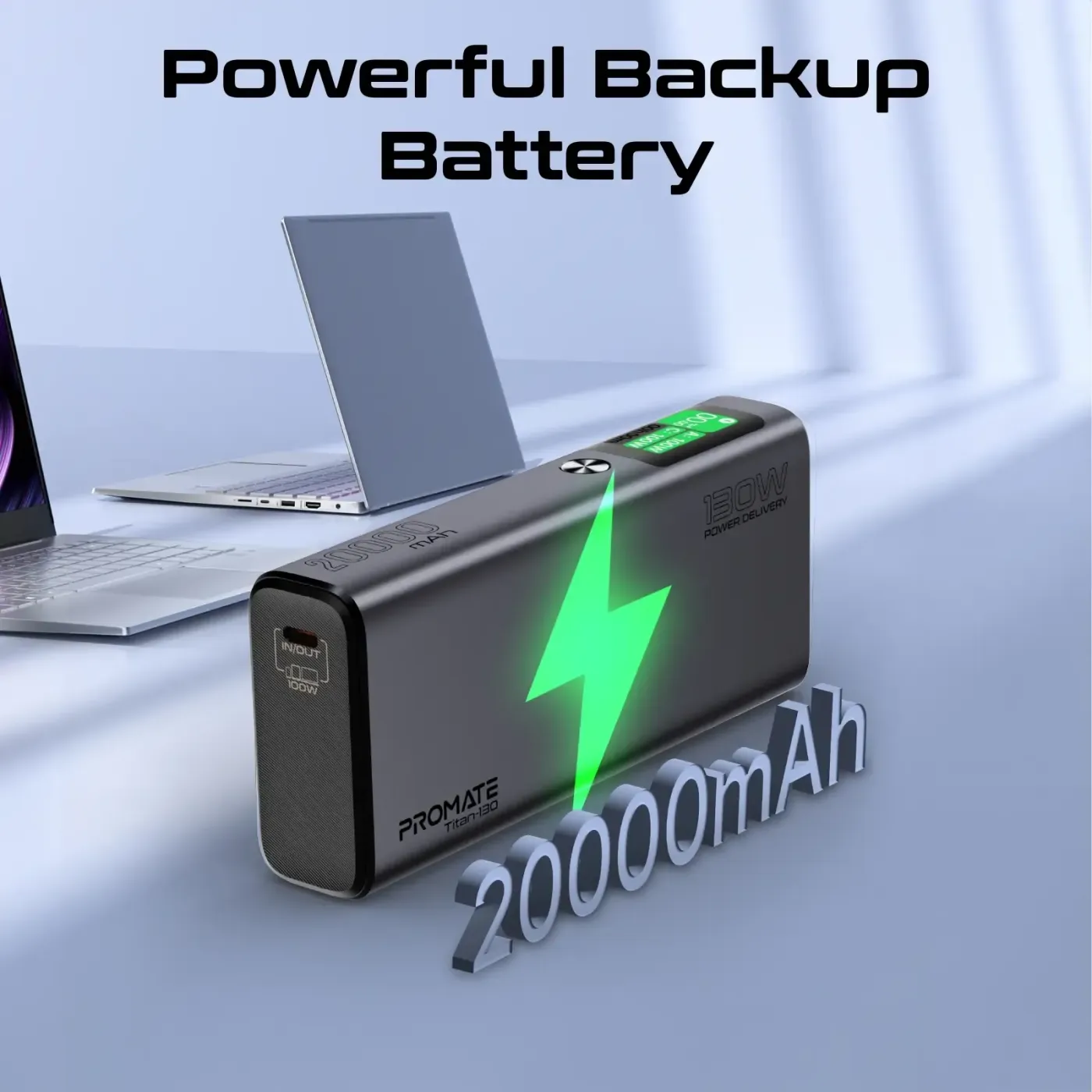 Promate Titan-130 20000mAh power bank shown from the front with its screen lit