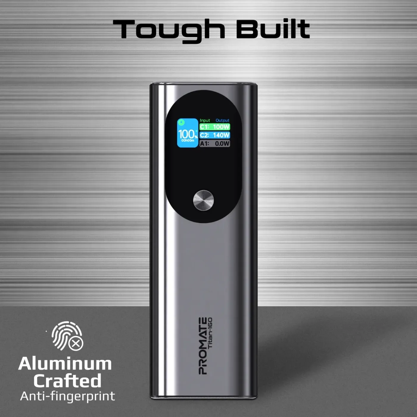 Promate Titan-160 27600mAh power bank shown from the front with its display active