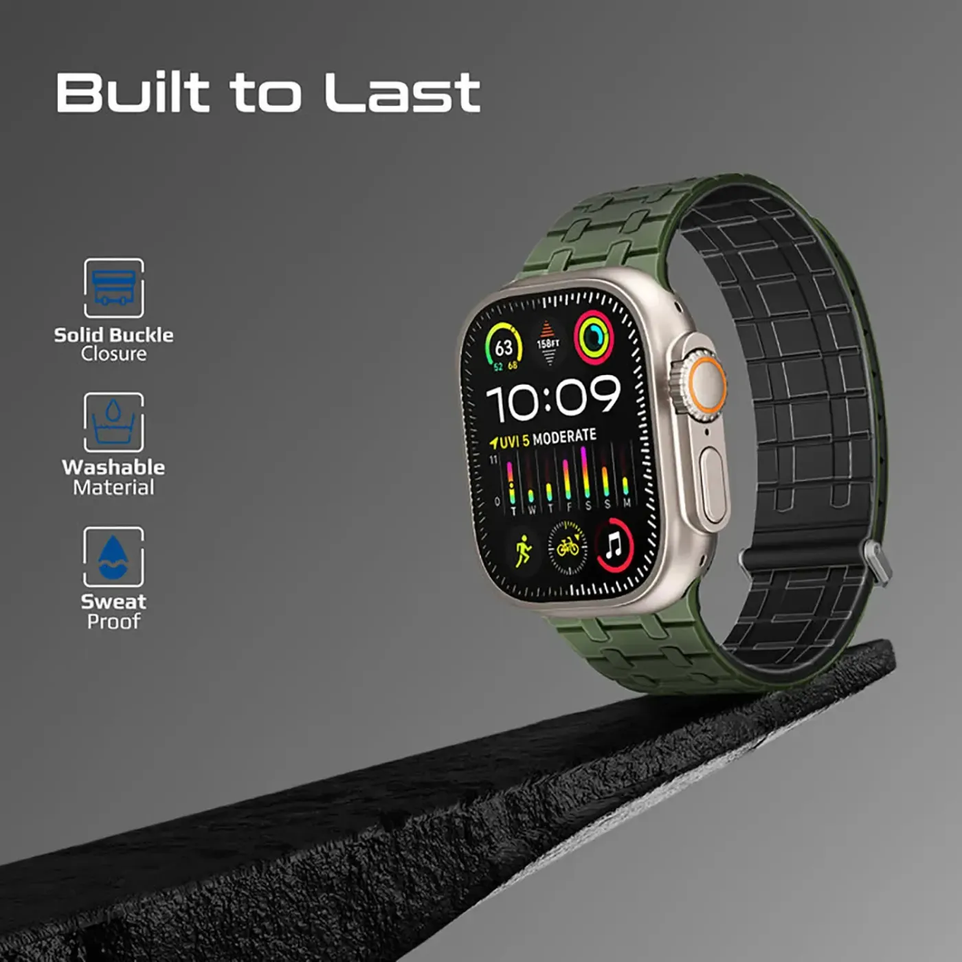 Midnight green Track strap adjusted around a wrist