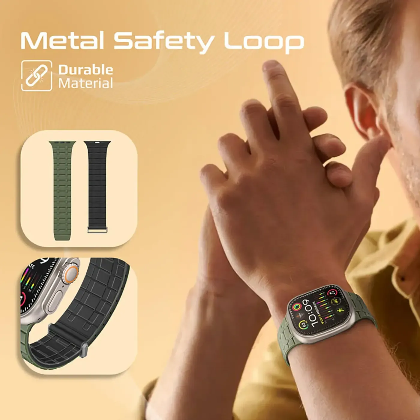 Midnight green Track strap attached to an Apple Watch