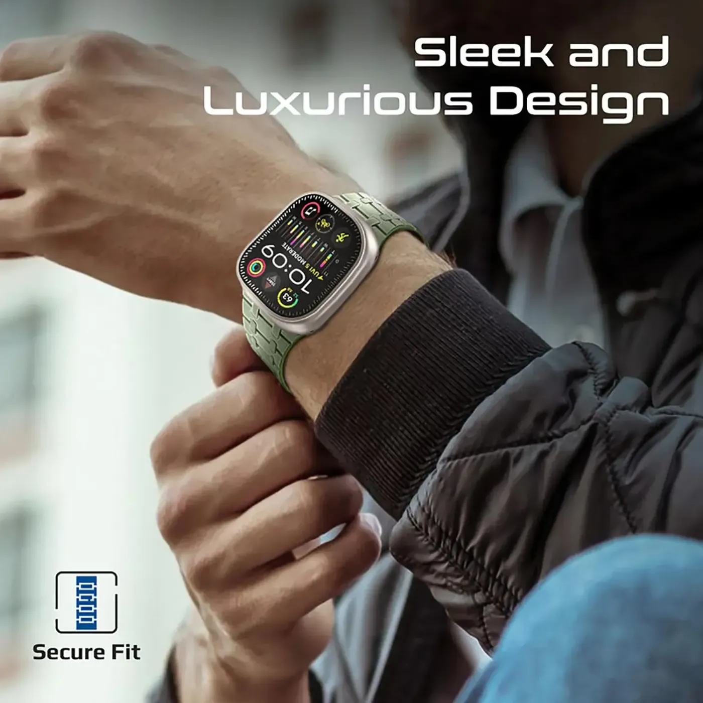 Track strap connector shown next to an Apple Watch case