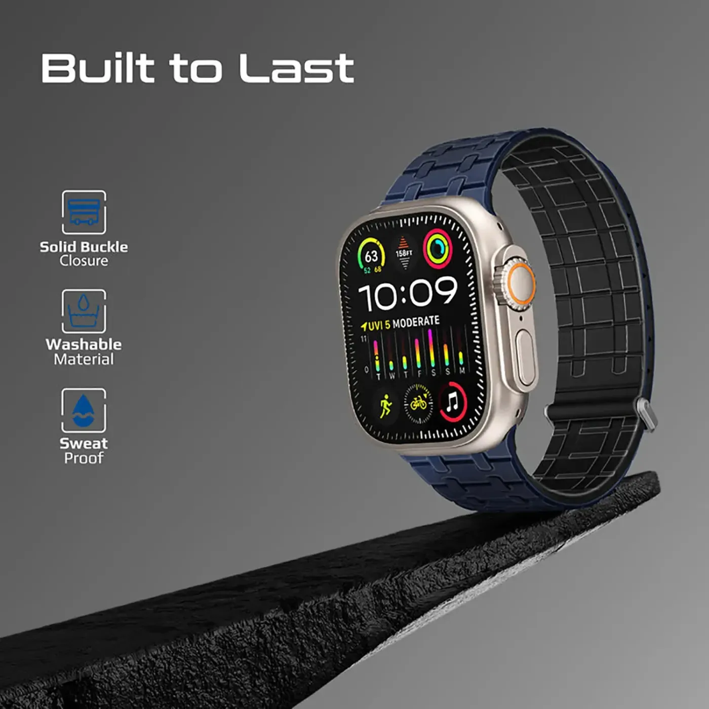 Navy blue Track strap wrapped around a wrist showing its adjustable fit