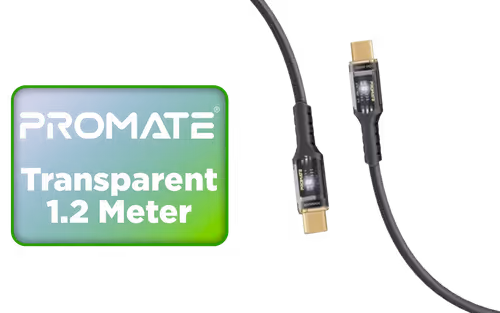 Promate Transparent 1 2 Meter Charging Cable with LED Light Black - Image 1