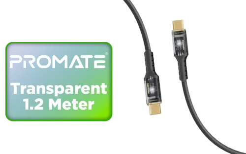 Promate Transparent 1 2 Meter Charging Cable with LED Light Black Promate Transparent 1 2 Meter Charging Cable with LED Light Black - Image 1