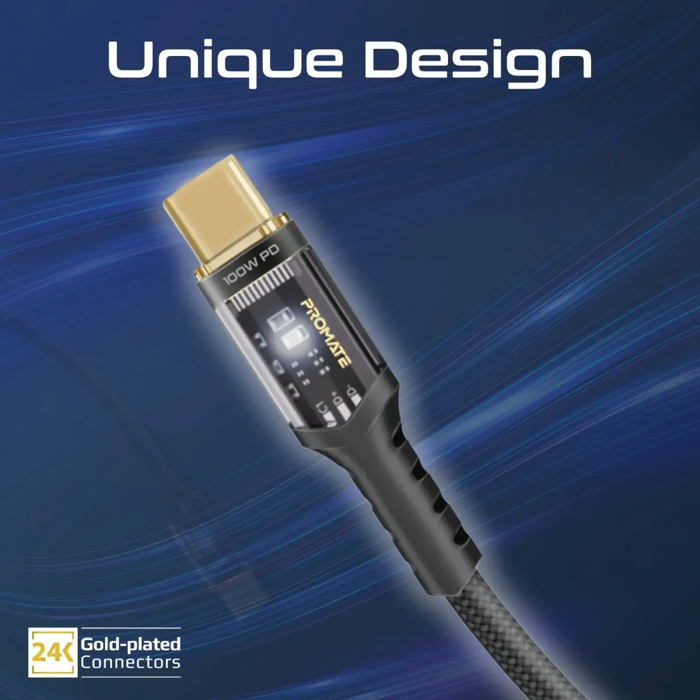 Promate LUCIDLINE-CC200 2 metre transparent LED charging cable in black