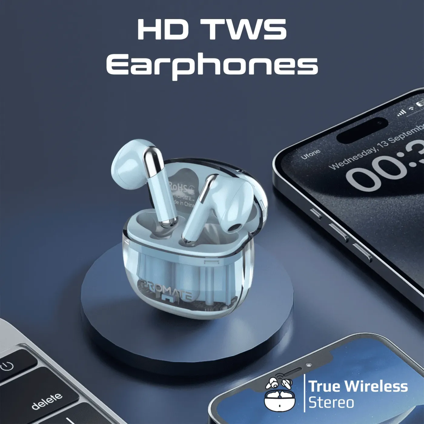 Promate TransPods high-definition TWS wireless earphones in blue with charging case