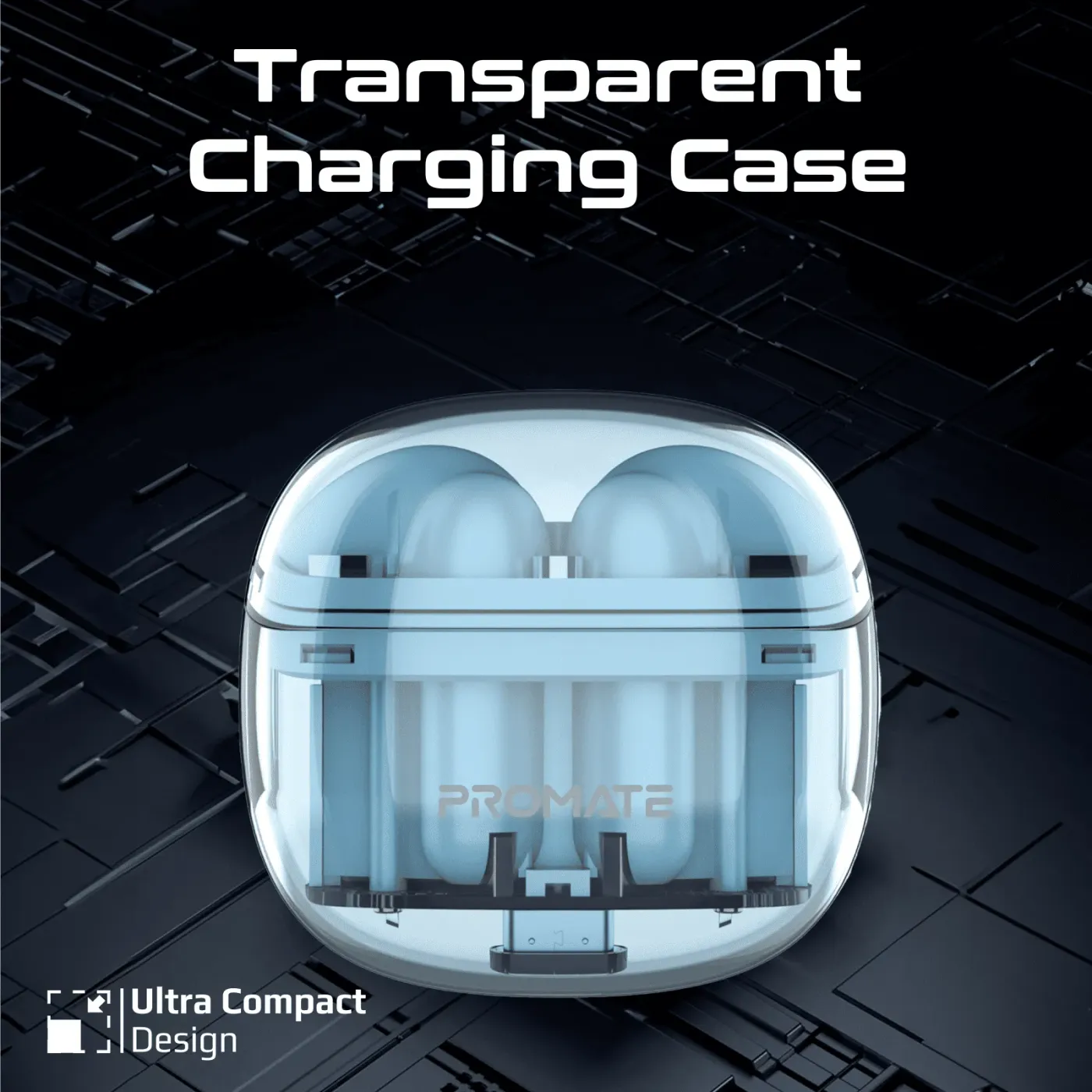 Blue Promate TransPods earbuds resting in the open transparent case