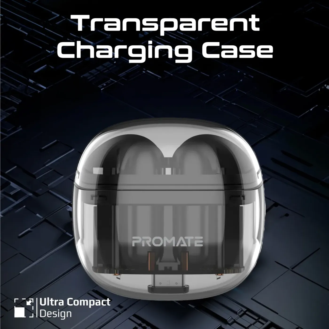 Close view of the touch-sensitive outer surface on the Promate TransPods earbuds