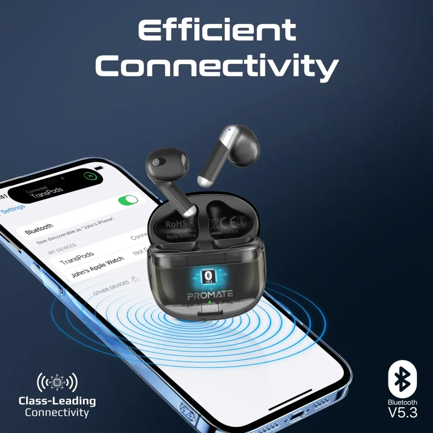Promate TransPods earbuds shown alongside the charging case highlighting their in-ear shape