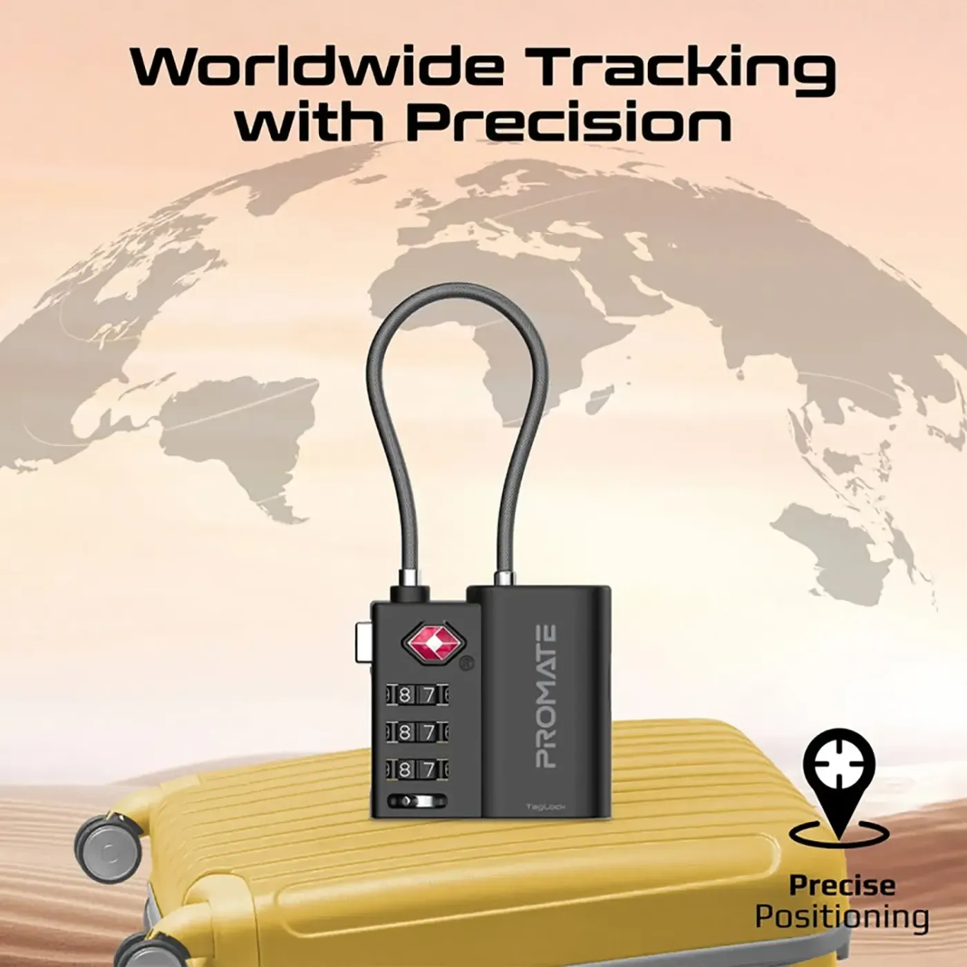Promate TagLock attached to a suitcase with location tracking in use
