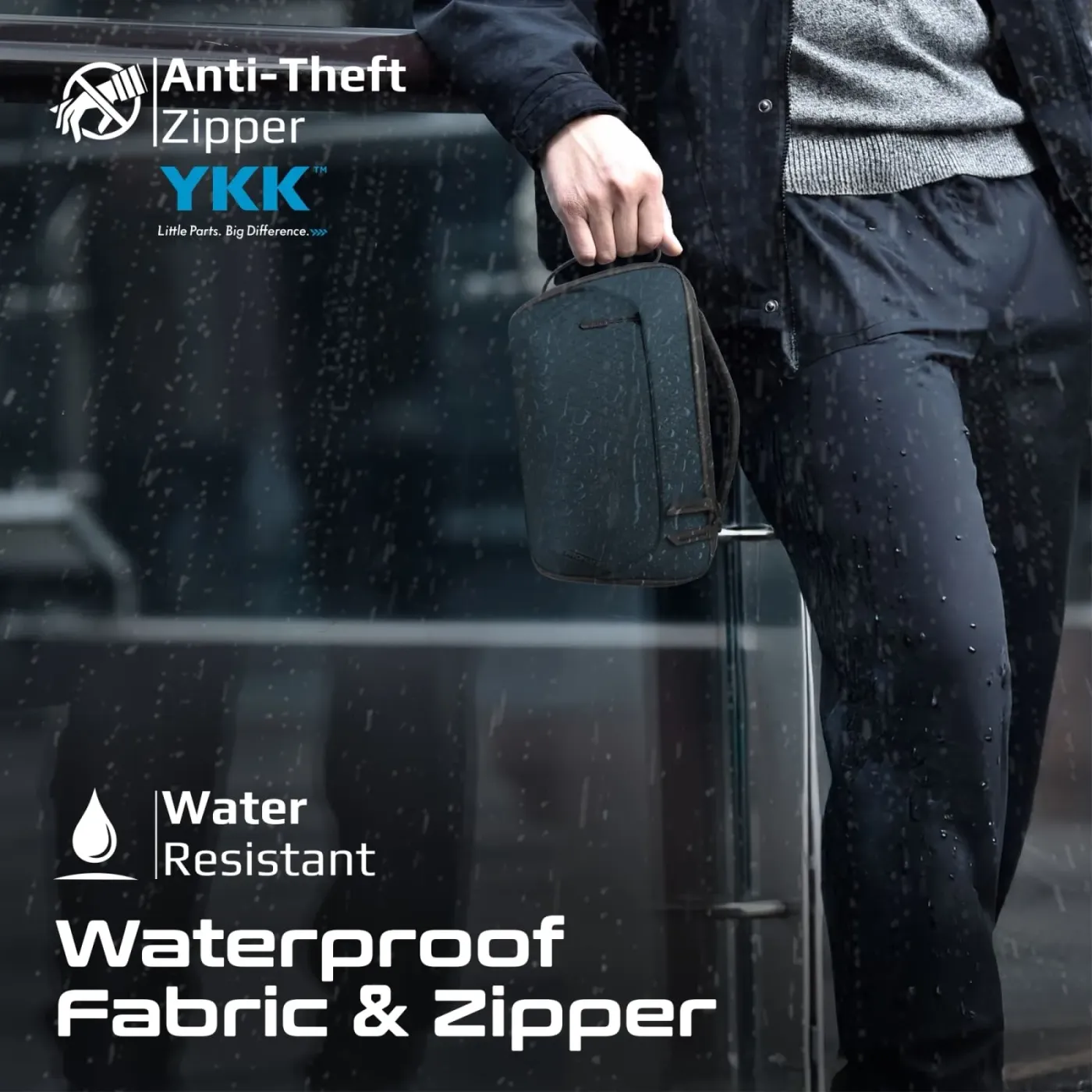 Waterproof zipper closure running along the top of the Promate UrbanPouch