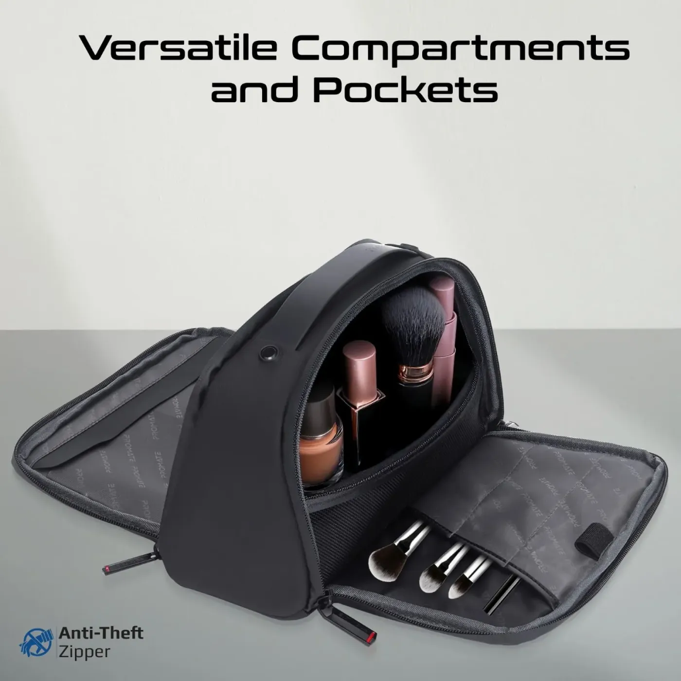 Open Promate Velura Pouch showing internal pockets holding cables and adapters