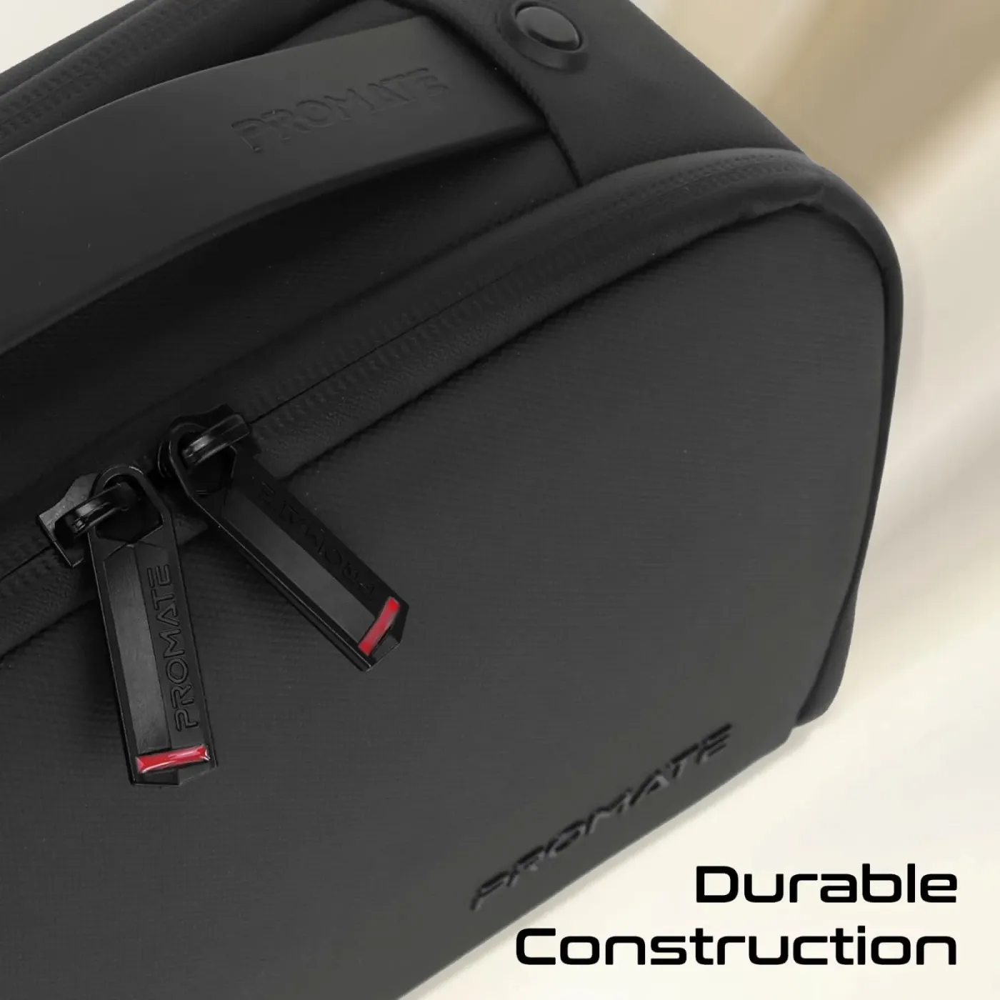 HydroShield zipper closure on the water-resistant polyester body of the Promate Velura Pouch