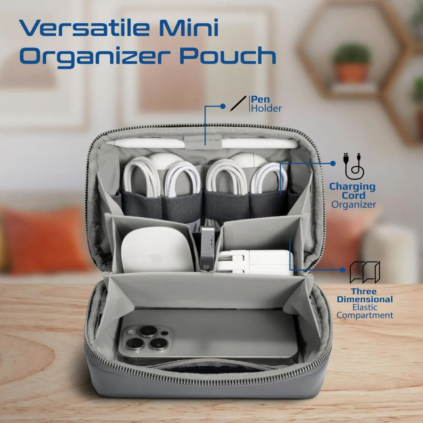 Promate Velvena tech organiser pouch in grey shown closed