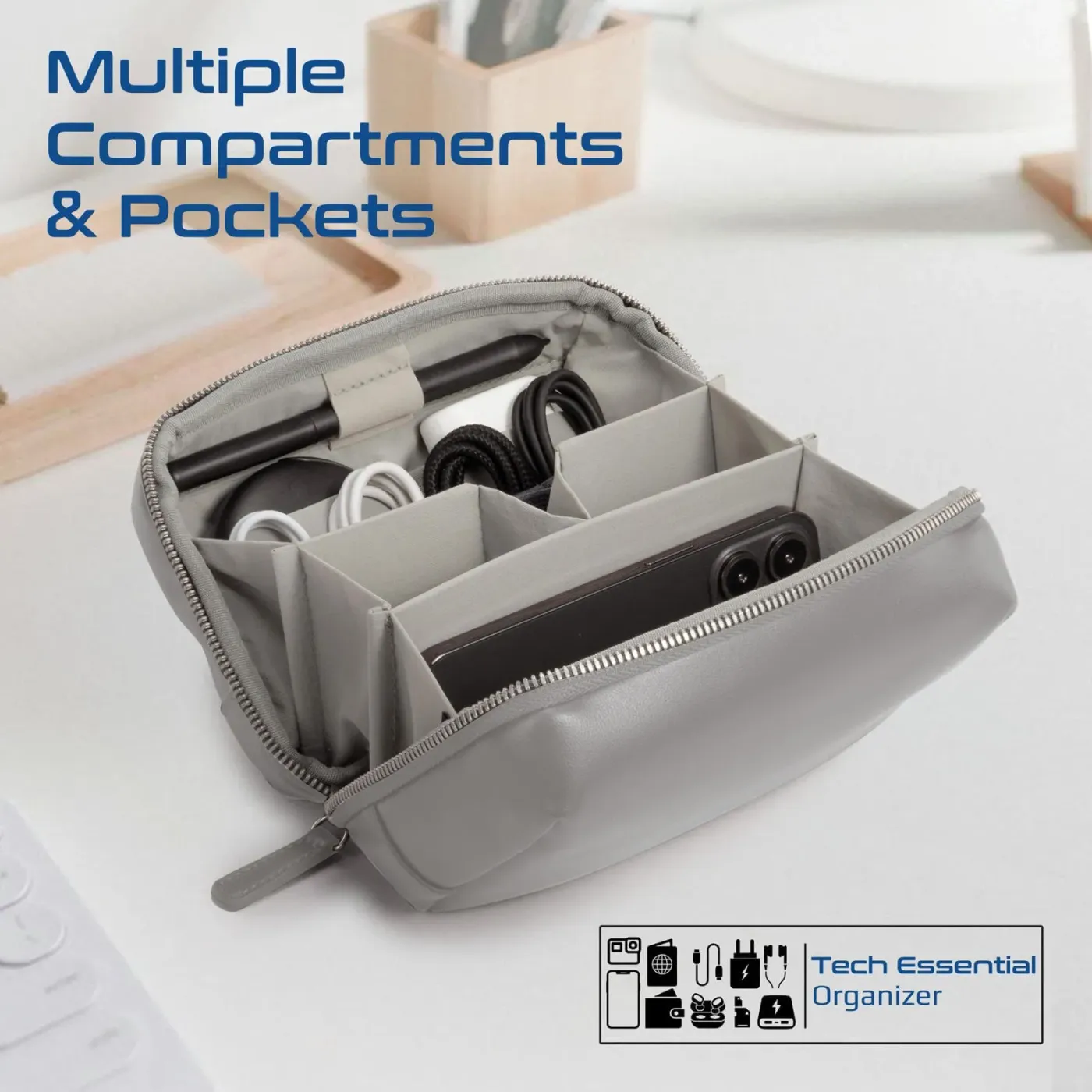 Open Promate Velvena pouch showing internal compartments holding a power bank and cables