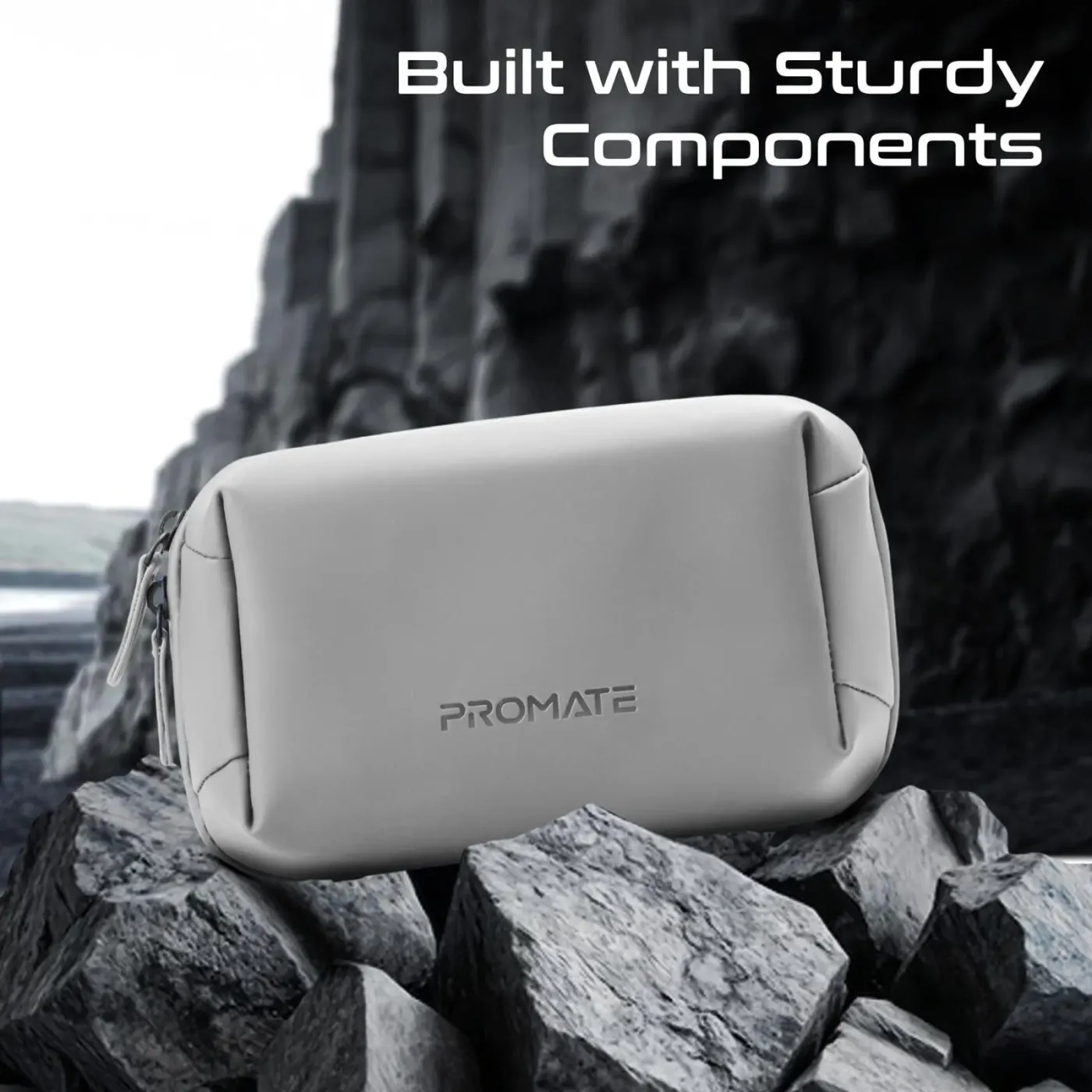 Close view of the reinforced seams and zipper on the Promate Velvena pouch