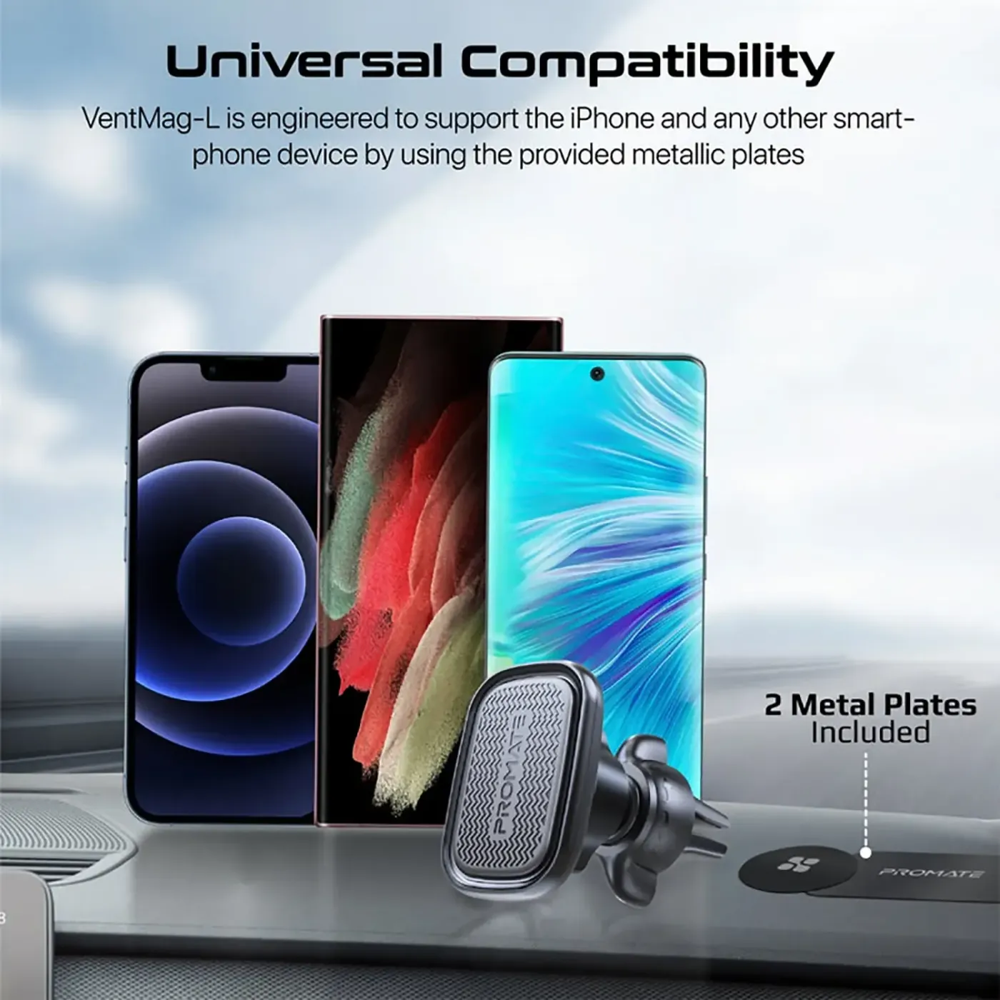 Phone held at an angle on the cradleless VentMag-L vent mount
