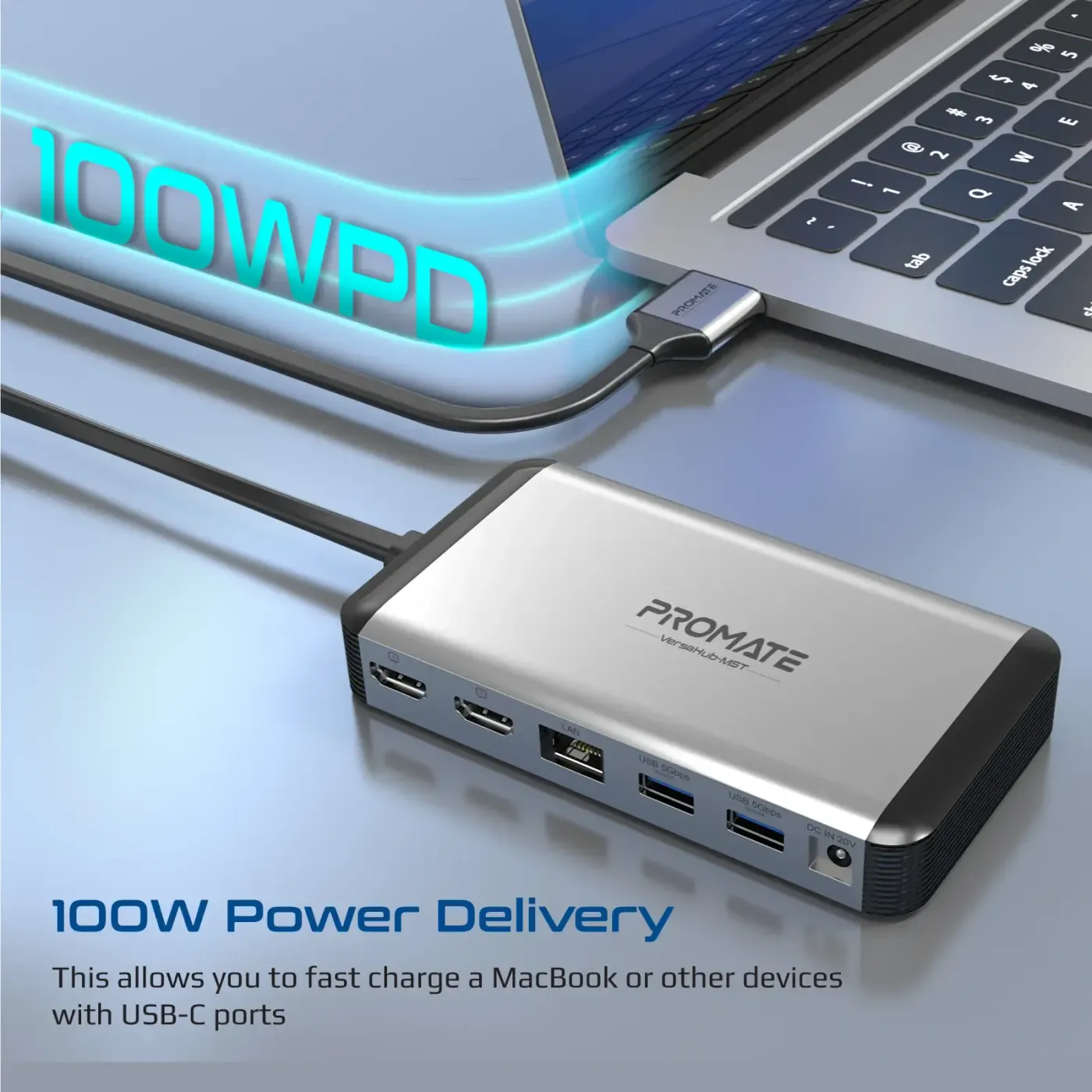 Close-up of the VersaHub dual USB-C connectors used to dock a MacBook