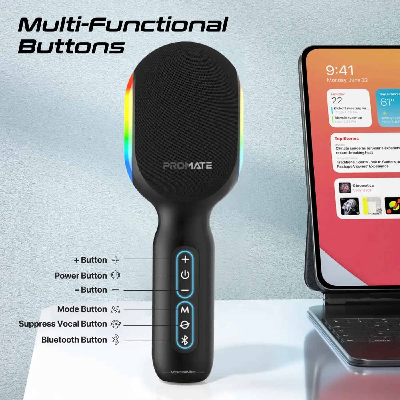 Promate VocalMic karaoke microphone paired with a smartphone running a singing app